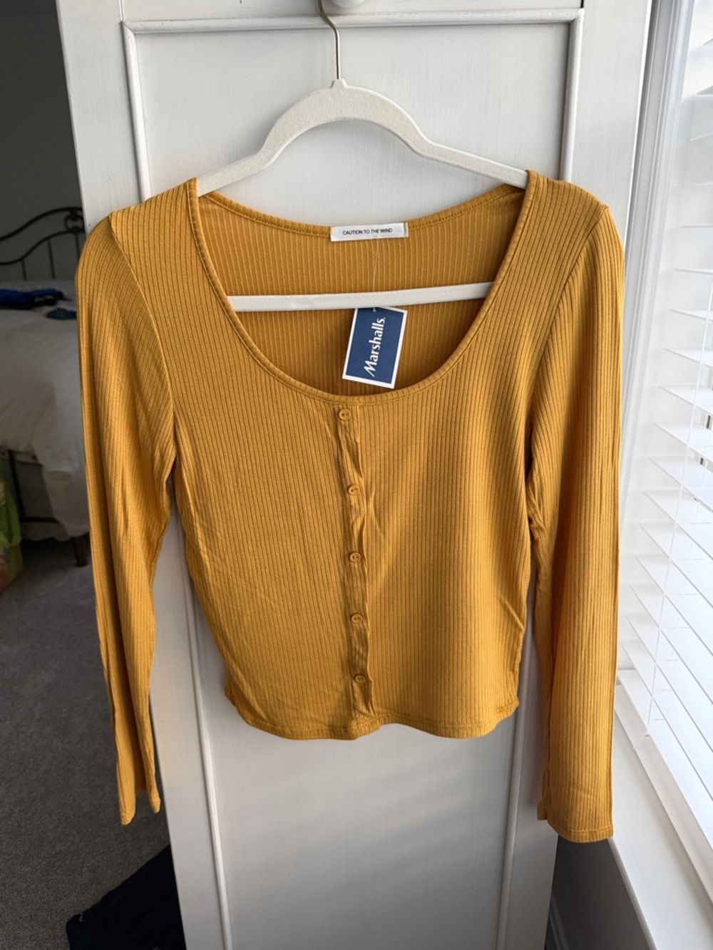 Caution to the Wind Mustard Ribbed Button-Front Long Sleeve Crop Top